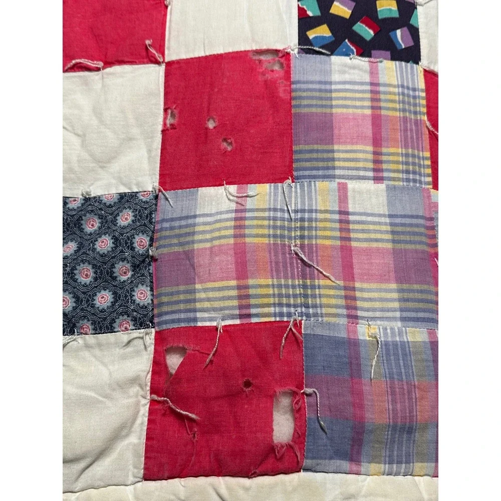 Vintage Hand Tied Patchwork Cutter Quilt Red Multicolor 75x67 Farmhouse